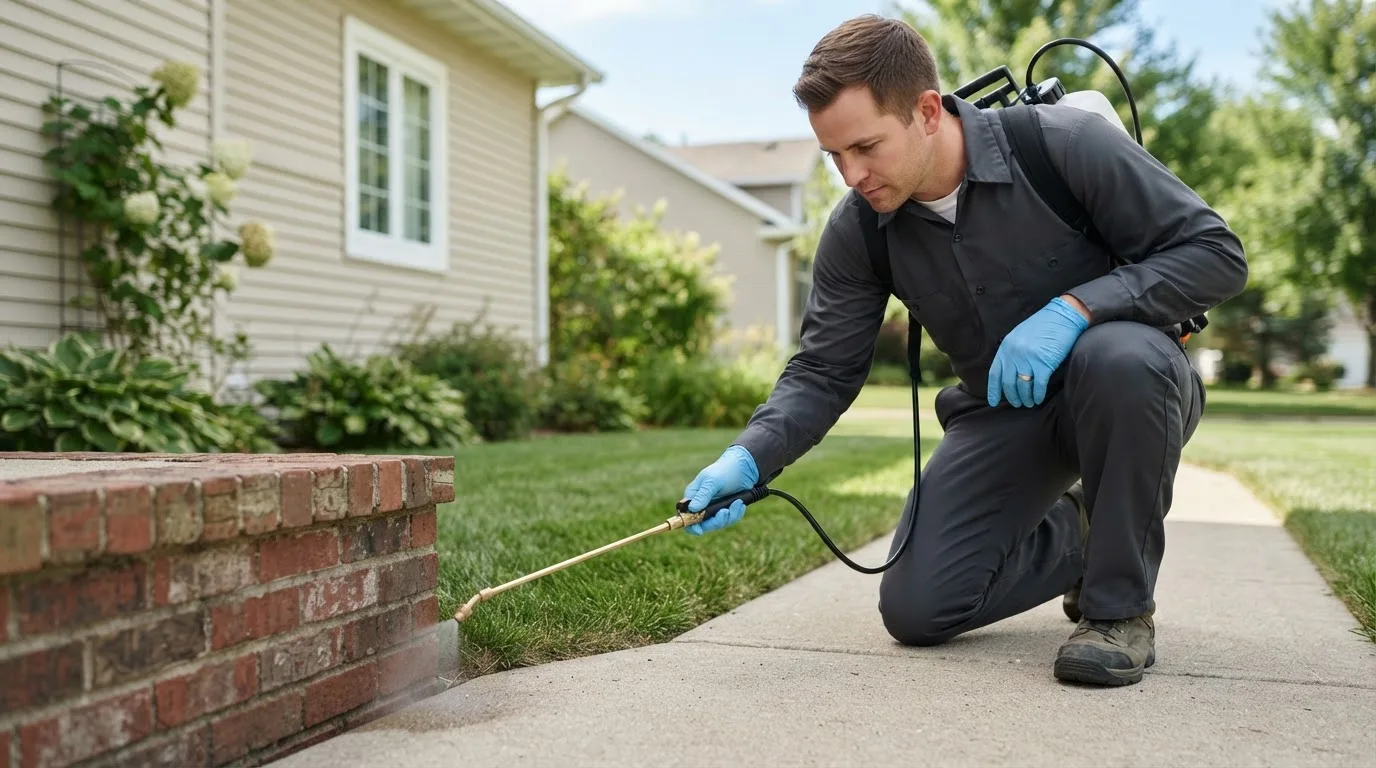 Pest control technician treating a home near East Liverpool, OH