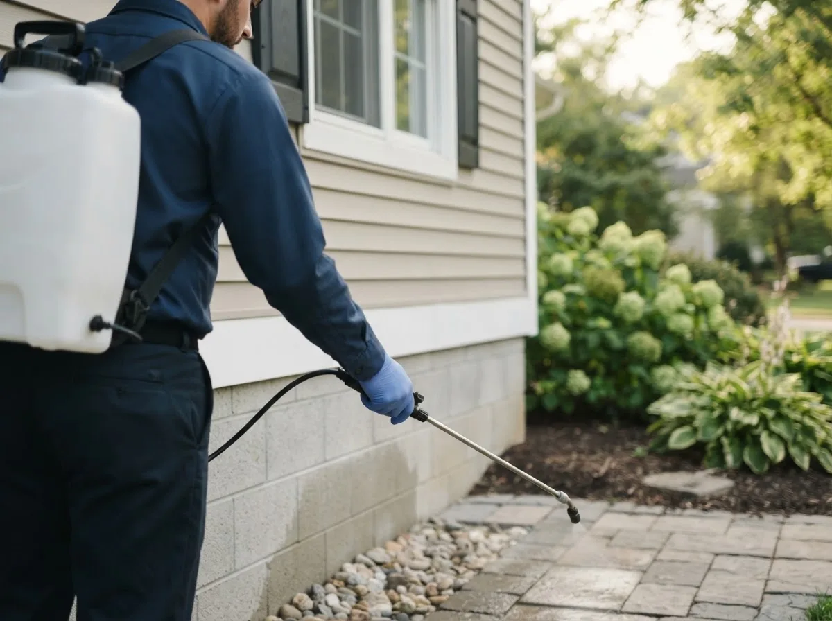Pest control technician inspecting a home in East Liverpool, OH